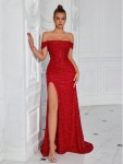 오프숄더 피쉬테일 플리츠 프런트 슬릿 백리스 이브닝 파티 드레스 Off-Shoulder Fishtail Pleated Front Slit Backless... 