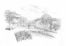 Sun Valley, terrace, pencil drawing by Alan Hughes. | 스케치