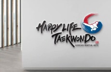 해피라이프 태권도 - 태권도 - 미국에 있는 태권도장으로 간결하면서도 심플한 영문글씨 디자인을 중심으로 발차기 이미지와 태극문양, 영문에... 