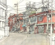 Instagram의 paperarch님: “#해방촌 #오르막길 #내리막길 #추석 #watercolor #seoul #urban #urbansketch #pendrawing #street... 