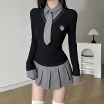 [미니원피스] 추천 - [전연령][남녀] 여성 봄 미니원피스 카라넥 슬림 주름 플리츠 원피스+넥타이 Womens Dress