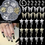 31 delar nagelkonst charmset, 3D legeringsdesign med stjärnor och fjärilar, blandning av guld och silver, kedjelåda ingår, DIY... 