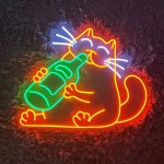 술 마시는 고양이 디자인 네온사인 벽 장식, 술 마시는 고양이 LED 네온 조명 사인, 밝기 조절 가능, 술 마시는... 