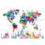 Temu｜프레임 없는 캔버스 월 아트: 랜드마크 스카이라인이 있는 생생한 수채화 세계 지도 - 바, 클럽, 카페, 레스토랑, 당구장, 호텔, 주택... 