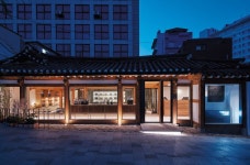 hanok showroom interior/ exterior design for KWANI. material- dabbed finished yellow stone, black steel, rough red brick, kurumi... 