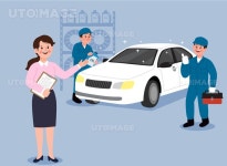 점검 벡터 일러스트 SILL681, 유토이미지, 일러스트, 3명, 자동차, 차량점검, 점검, 자동차정비, 오일, 공구, 도구, 장거리운행, 미소, 생활, 사람