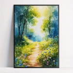 Temu｜마법의 숲길 수채화 캔버스 아트 - 액자 없는 초원 & 하늘색 꽃 벽 장식, 거실, 침실, 홈 오피스용... 