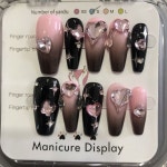 손톱에 수제 Y2K 프레스, 라인 석 하트가있는 검은 분홍빛 그라데이션 가짜 손톱, 나비 디자인, 광택있는 긴 발레... 