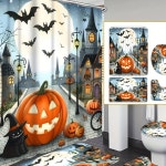 8인치 할로윈 호박 박쥐 시리즈 선물 분위기 현대 홈 욕실 장식 커튼 및 화장실 매트 세트, 샤워 커튼 후크 12개 포함 - 2024 | 제품... 