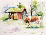 dans les alpes suisses ( arbres animal campagne bovin pré nature paysage chalet watercolor) par Val… | 수채화, 유화, 그리기