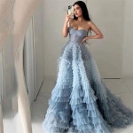Cathy Strapless Sweetheart Tiered Ruffles 댄스 파티 드레스 A 라인 스윕 트레인 vestidos de noiva 레이스 업 백 이브닝 드레스