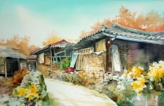 수채화: 옛집과 꽃이 있는 풍경 | 쉬운 풍경 그림, 시골 사진, 수채화 엽서