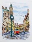 #펜드로잉수채화 #Tram #체코 펜 드로잉 수채화, 체코 프라하의 트램이 있는 풍경, Old tram in Prague, Czech, pendrawing Watercolor