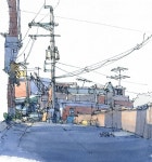 Ink Drawing of a Street with Benches and Power Lines | 어반스케치 사진, 건물 그림, 풍경스케치