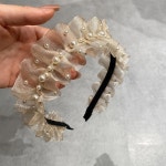 우아한 가짜 진주 메쉬 머리 고리, 공주 스타일 주름 머리띠, 여성용 세련된 얇은 명주 그물 헤어 액세서리... 