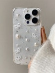 럭셔리 3D 진주 리본 실버 포일 휴대폰 케이스 iPhone 15 14 13 12 11 Pro Max Mini XR X XS Max 7 8 Plus 글리터 에폭시 큐트 클리어... 