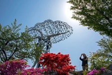 Icheon, South Korea - April 30, 2017: A man taking pictures below sculptures decorated with small ceramic bells | 사진