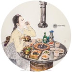 Fineart #Korea #Pork #Soju #김현정 #김현정작가 #한국화 #한국화가 #동양화 #동양화가 #내숭이야기 #내숭 #한복 #삼겹살 #소주 #한잔 #고기