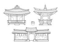 한옥 한국 전통 건축 벡터 개요 집합입니다. 궁전 집, 건축 아시아 마을 문화, 아시아 집 그림 | 무료 벡터