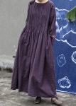 Loose Purple O Neck Wrinkled Linen Long Dress Long Sleeve - Dark Grey / M(Fit for EU 40-42, US 8-10, UK/AU 12-14, IT 44-46) Loose... 