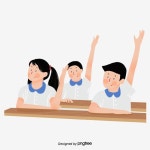 수업을 듣다, 수업 시작, 손을 들다 일러스트 PNG, 수업 시간에 귀여운 세 학생 만화 캐릭터 이미지 벡터, PSD 파일 - Pngtree... 