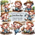 Cute Farm Pigs Clipart, Pig Clipart PNG, 24 Watercolor Cute Piglet Farm Animal, Printable, Pastel Cute Baby Pig, DIY Card Making... 
