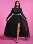 Plus Size Solid Color High Slit Sheer Mesh Skirt Pin on black outfits and leather