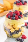 with creamy, whipped vanilla pudding, buttery pound cake chunks, and fresh blueberries and… | 푸딩, 파운드 케이크, 베리