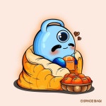 SPACEBAGI on Instagram: 구니는 귤을 좋아한다🍊🩵 Guni like mandarin🍊🩵 추운 겨울,, 귤 색 이불을 덮고 따듯하게 귤을 까먹는... 