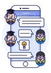 ILL175, 프리진, 일러스트, 모바일, 사람, 인물, 캐릭터, 웃음, 미소, 행복, 소셜, SNS, 톡, 네트워크, 소통, 얼굴, 상반신, 스마트폰, 말풍선, 채팅... 