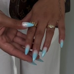 Temu｜재사용 가능한 프레스온 아몬드형 네일 - 블루 그라데이션 글로시 마감, 미디엄 길이 - 순수한 색상... 