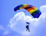 Parachute. Colorful parachute against blue sky and white... clouds , #ad, #parachute, #blue, #Parachute, #Colorful, #feat... 