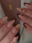 Includes Nail File & Jelly Adhesive 24개 레드 그라데이션 프렌치 팁 미디엄 아몬드 프레스온 네일 3D 골드 라인 가짜... 