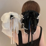 페이크 진주 스트리머 보우 헤어 클립 O buclă decorativă elegantă cu mărgele false și fundă decorativă, clema de păr cu pr... 