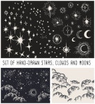 Description: Set of hand drawn elements:clouds, moons, stars for your illustrations for bedtime stories, constellation maps, and hot... 