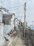 어느 바닷가 동네 | 풍경 스케치, 수채화 풍경, 빌딩 그림