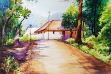 우리나라의 시골풍경은 아닌 것 같아요.하지만 시골의 한적함과 편안함은 우리의 것과 같습니다.이 길에 들... | 수채화 작가, 수채화, 쉬운 수채화... 