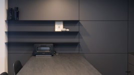 전체적으로 짙은 그레이 톤의 주방으로 모던하고 시크한 느낌이 드는 디자인입니다. 주방의 도어는 고밀도 컬러 보드와 SUPER MATT HPL을... 