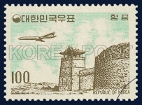AIR MAIL STAMPS, Suwon castle, airplane, plane, Aviation, Green, brown, 1961 12 01, 항공우표, 1961년 12월 1일, 314, 수원성곽... 