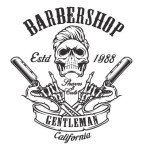 Vintage Illustration On The Theme Of A Barbershop With A Skull And A Straight Razor On A Light Background. All Elements And Text... 