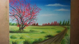 Cómo Dibujar un Árbol rojo y un Paisaje de Campo Paso a Paso | 파스텔