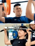 14일 스피드스케이팅 국가대표 선수단 공개 훈련(강원도 화천)에서 웨이트트레이닝을 하는 모태범(위)과 박승희(아래). | Interview