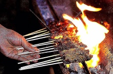 어리광 요리 전통 음식을 그릴 위에 동남아 입에 안맞아 불고기 닭 양고기 쇠고기 그냥 고기 대나무 목탄 불 잘 더워 음식이 주...