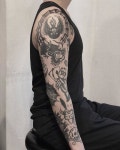 Sleeve by Saicats (@saicats) from Seoul, South Korea #타투 #타투이스트 #문신 #블랙타투 #블랙워크 #아트 #타투도안... 