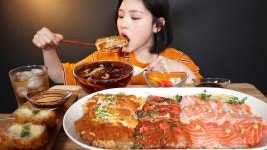 SUB)돈까스 덮밥에 생연어&연어장 덮밥 먹방 ! 냉우동까지(ft.치즈돈까스) 리얼사운드 Salmon & Pork cutlet  Rice Bowls udon Mukbang... 