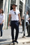 Simple street style - white tee, navy slacks, pants, trousers, grey fedora hat, and loafers...bottle of water and NO cell phone... 