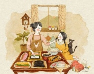 엄마는 벌써 맛있는 김밥을 이만큼이나 싸 놓으셨습니다. 역시 김밥은 꼬다리가 제일 맛있는 법~ 야금야금 먹다보… | 고양이 아트, 귀여운 예술... 