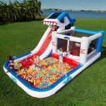 Water Slide Combo Bounce House | Blast Zone Shark Park Bounce House and Water Slide Combo. Free ... | 어린이, 놀이터, 디자인