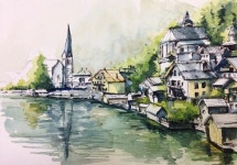 Summer view of Hallstatt watercolor painting with ink sketch overlay! | 스케치