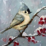 Daily Paintworks - Blue titmouse in the Snow - Original Fine Art for Sale - © Krista Eaton | 새, 동물, 꽃